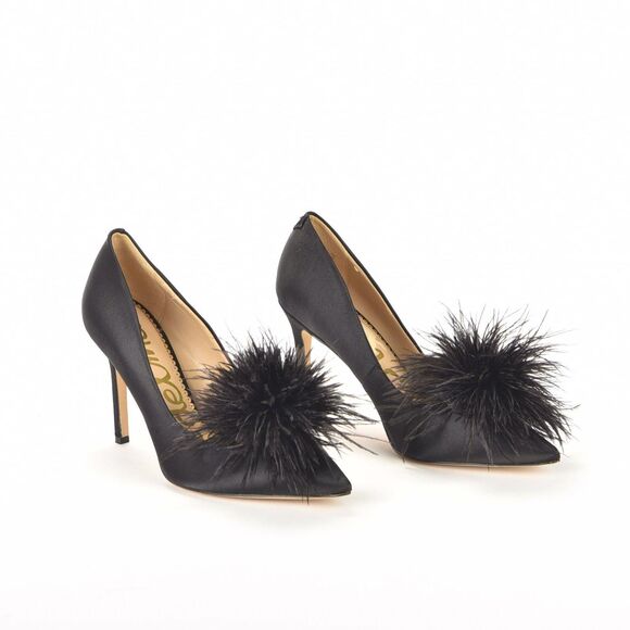 Sam Edelman Hazel Plush Black Silk Fabric Pointed Toe Feather Poof Pumps Size 8 - Picture 4 of 6